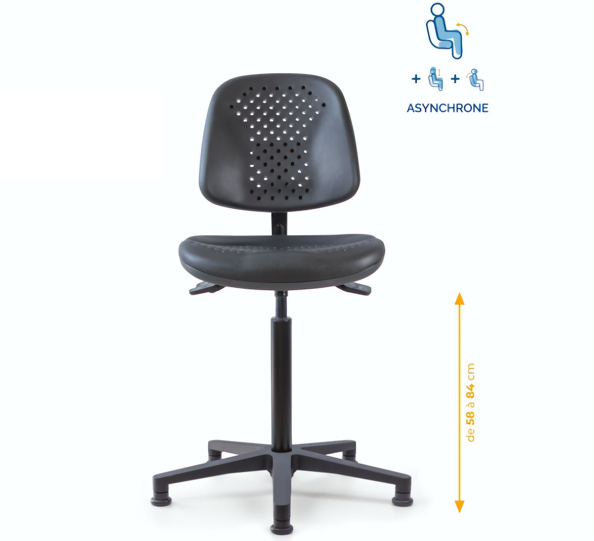Chaise polyuréthane, Chaise atelier polyuréthane, chaise pour atelier polyuréthane, siège pour atelier, siège atelier polyuréthane, chaise polyuréthane perforé, siège microtechnique, chaise d'atelier pour industrie, chaise d'atelier esat, mobilier de bure