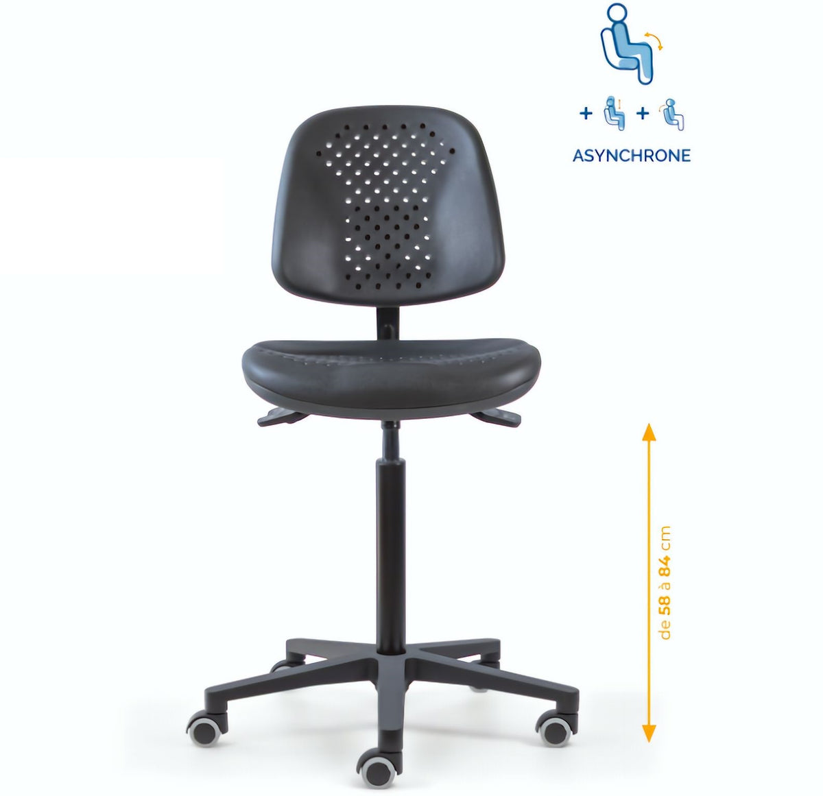 Chaise polyuréthane, Chaise atelier polyuréthane, chaise pour atelier polyuréthane, siège pour atelier, siège atelier polyuréthane, chaise polyuréthane perforé, siège microtechnique, chaise d'atelier pour industrie, chaise d'atelier esat, mobilier de bure