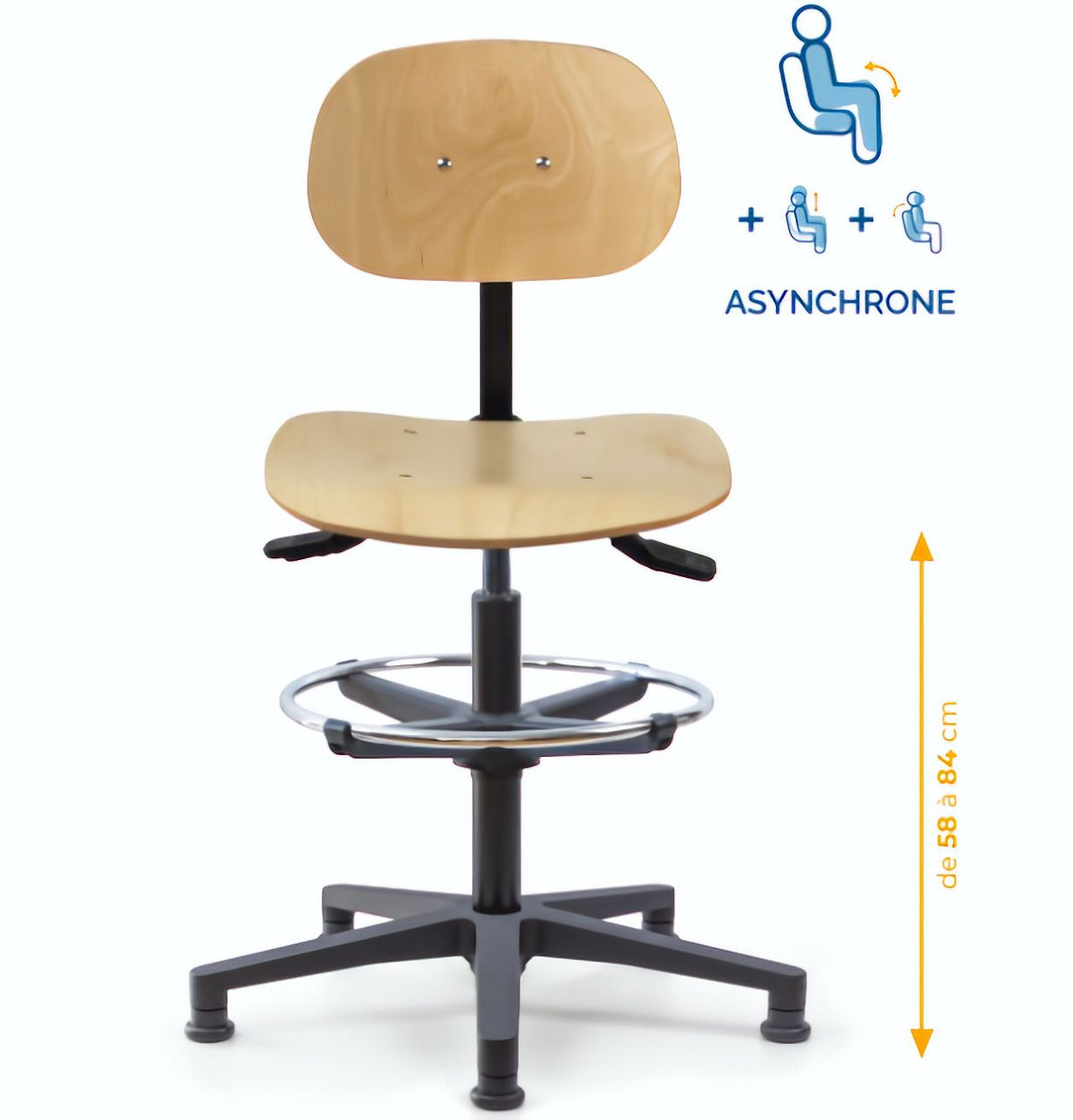 Chaise atelier bois, Chaise d'atelier en bois, chaise atelier en bois ergonomique, chaise atelier asynchrone en bois, chaise d'atelier professionnel, mobilier de bureau, Besançon