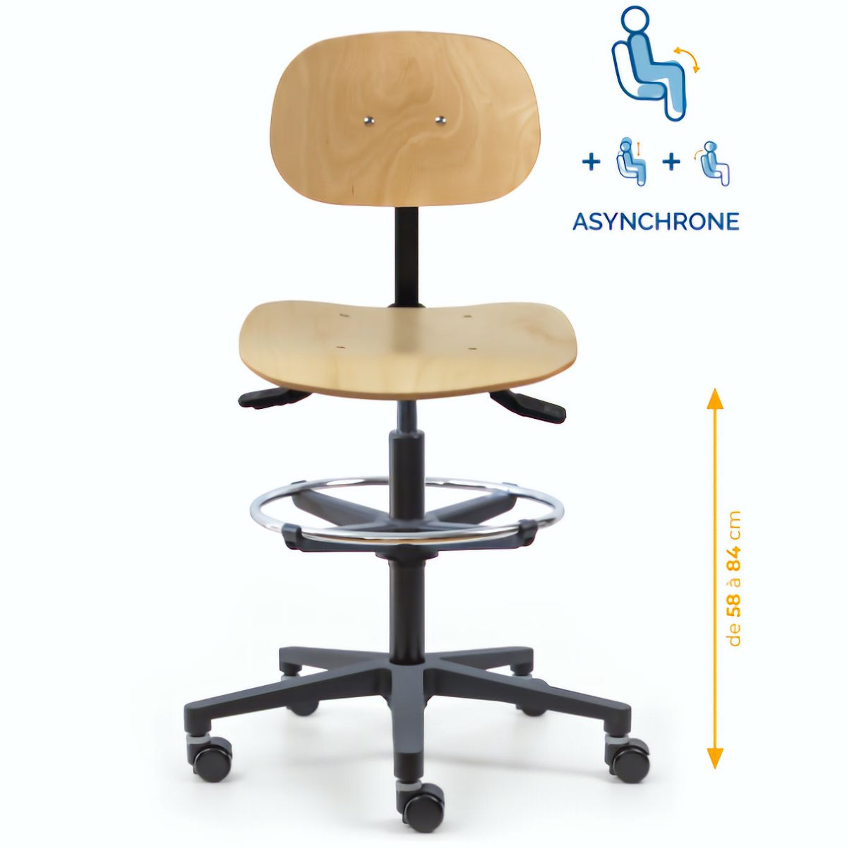 Chaise atelier bois, Chaise d'atelier en bois, chaise atelier en bois ergonomique, chaise atelier asynchrone en bois, chaise d'atelier professionnel, mobilier de bureau, Besançon