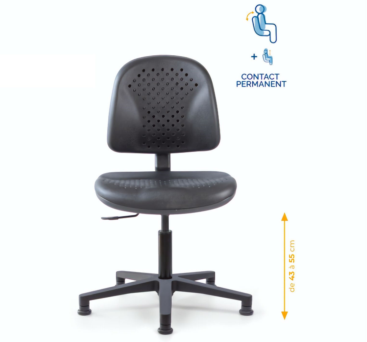 Chaise polyuréthane, Chaise atelier polyuréthane, chaise pour atelier polyuréthane, siège pour atelier, siège atelier polyuréthane, chaise polyuréthane perforé, siège microtechnique, chaise d'atelier pour industrie, chaise d'atelier esat, mobilier de bure