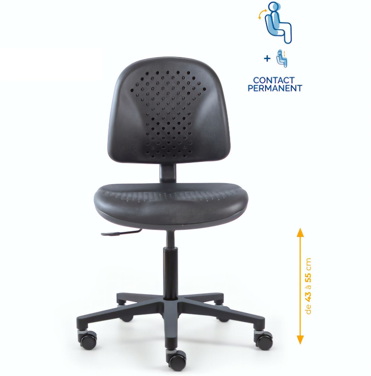 Chaise polyuréthane, Chaise atelier polyuréthane, chaise pour atelier polyuréthane, siège pour atelier, siège atelier polyuréthane, chaise polyuréthane perforé, siège microtechnique, chaise d'atelier pour industrie, chaise d'atelier esat, mobilier de bure