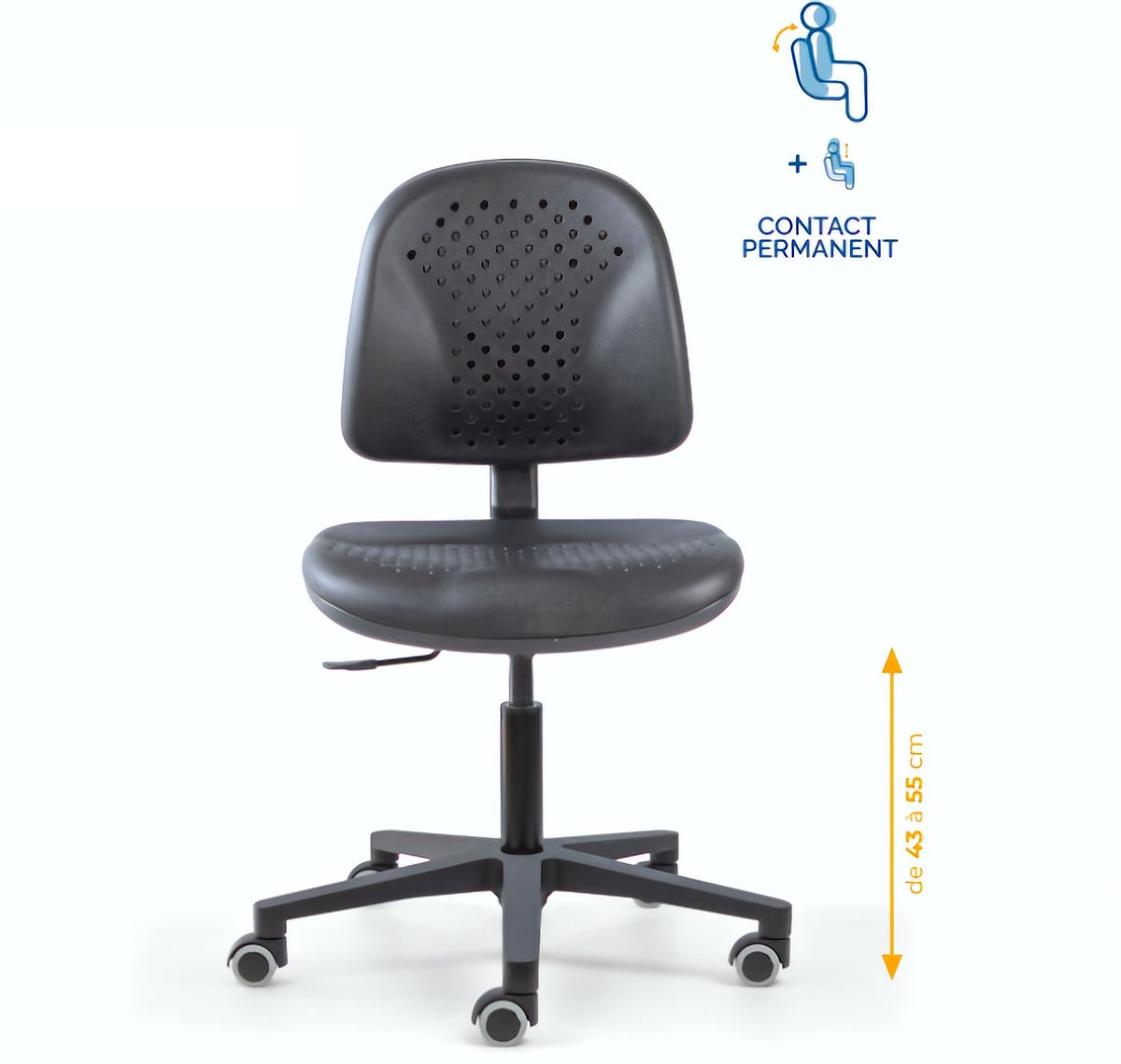 Chaise polyuréthane, Chaise atelier polyuréthane, chaise pour atelier polyuréthane, siège pour atelier, siège atelier polyuréthane, chaise polyuréthane perforé, siège microtechnique, chaise d'atelier pour industrie, chaise d'atelier esat, mobilier de bure