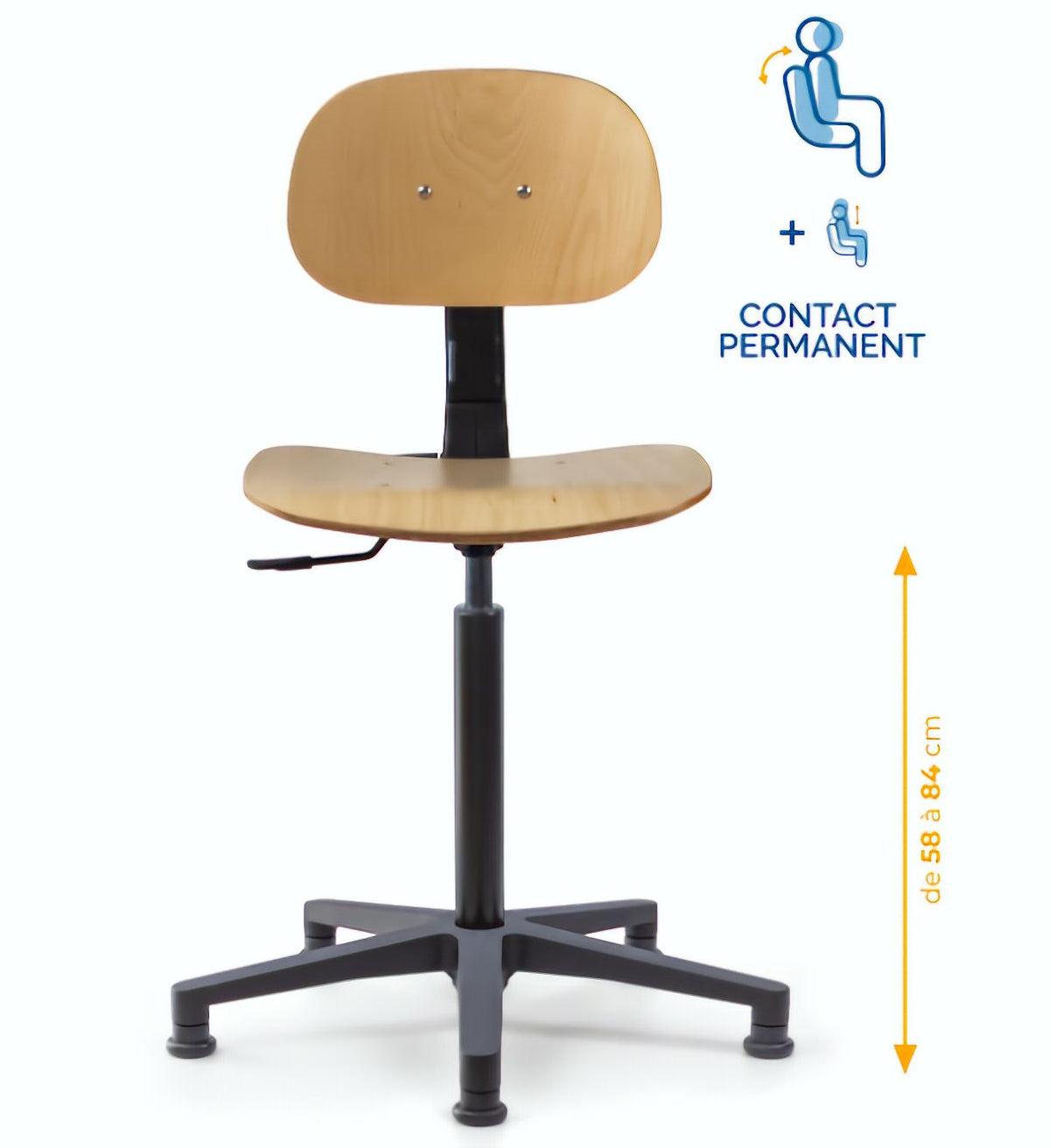 Chaise atelier bois, Chaise d'atelier en bois, chaise atelier en bois ergonomique, chaise atelier asynchrone en bois, chaise d'atelier professionnel, mobilier de bureau, Besançon