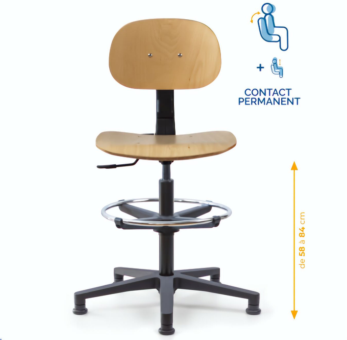 Chaise atelier bois, Chaise d'atelier en bois, chaise atelier en bois ergonomique, chaise atelier asynchrone en bois, chaise d'atelier professionnel, mobilier de bureau, Besançon