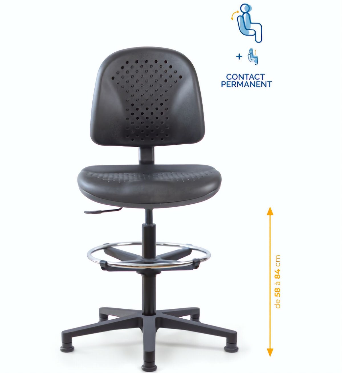 Chaise polyuréthane, Chaise atelier polyuréthane, chaise pour atelier polyuréthane, siège pour atelier, siège atelier polyuréthane, chaise polyuréthane perforé, siège microtechnique, chaise d'atelier pour industrie, chaise d'atelier esat, mobilier de bure
