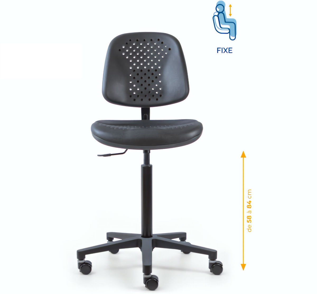 Chaise polyuréthane, Chaise atelier polyuréthane, chaise pour atelier polyuréthane, siège pour atelier, siège atelier polyuréthane, chaise polyuréthane perforé, siège microtechnique, chaise d'atelier pour industrie, chaise d'atelier esat, mobilier de bure