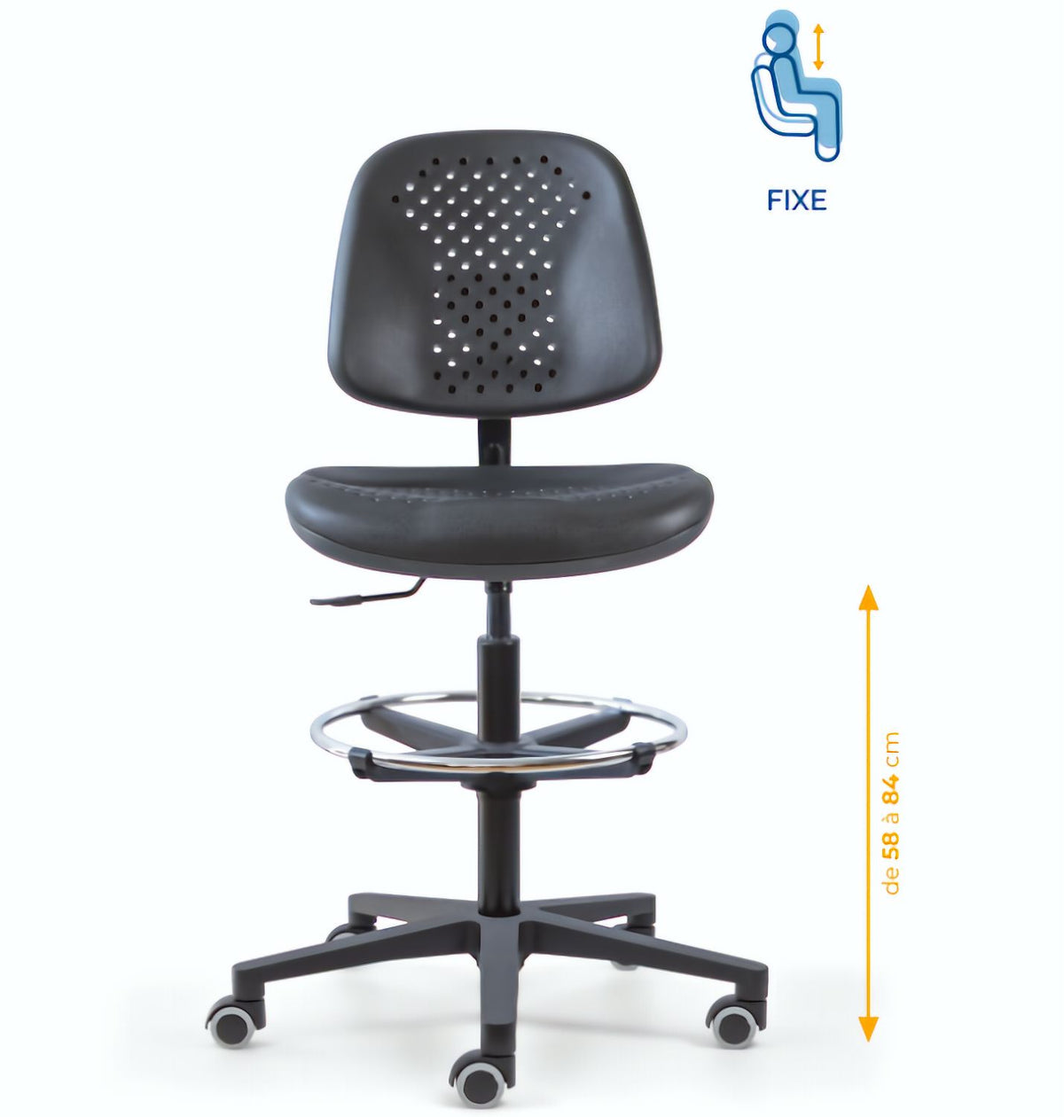 Chaise polyuréthane, Chaise atelier polyuréthane, chaise pour atelier polyuréthane, siège pour atelier, siège atelier polyuréthane, chaise polyuréthane perforé, siège microtechnique, chaise d'atelier pour industrie, chaise d'atelier esat, mobilier de bure