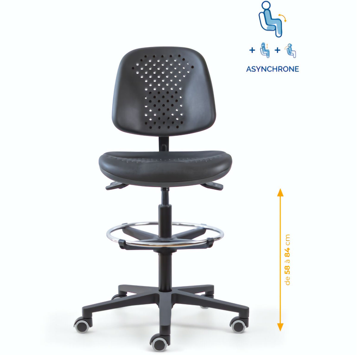 Chaise polyuréthane, Chaise atelier polyuréthane, chaise pour atelier polyuréthane, siège pour atelier, siège atelier polyuréthane, chaise polyuréthane perforé, siège microtechnique, chaise d'atelier pour industrie, chaise d'atelier esat, mobilier de bure