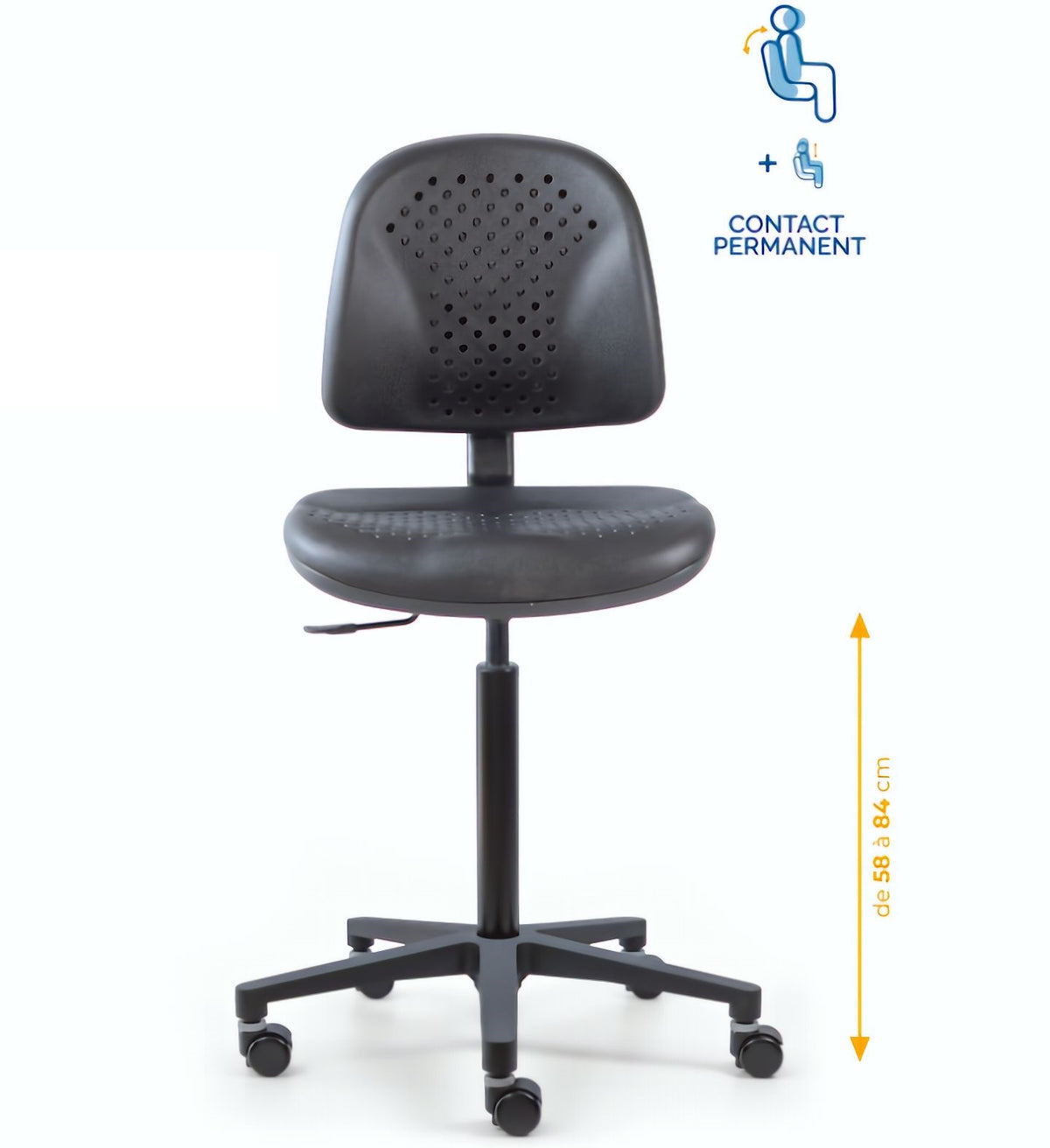 Chaise polyuréthane, Chaise atelier polyuréthane, chaise pour atelier polyuréthane, siège pour atelier, siège atelier polyuréthane, chaise polyuréthane perforé, siège microtechnique, chaise d'atelier pour industrie, chaise d'atelier esat, mobilier de bure