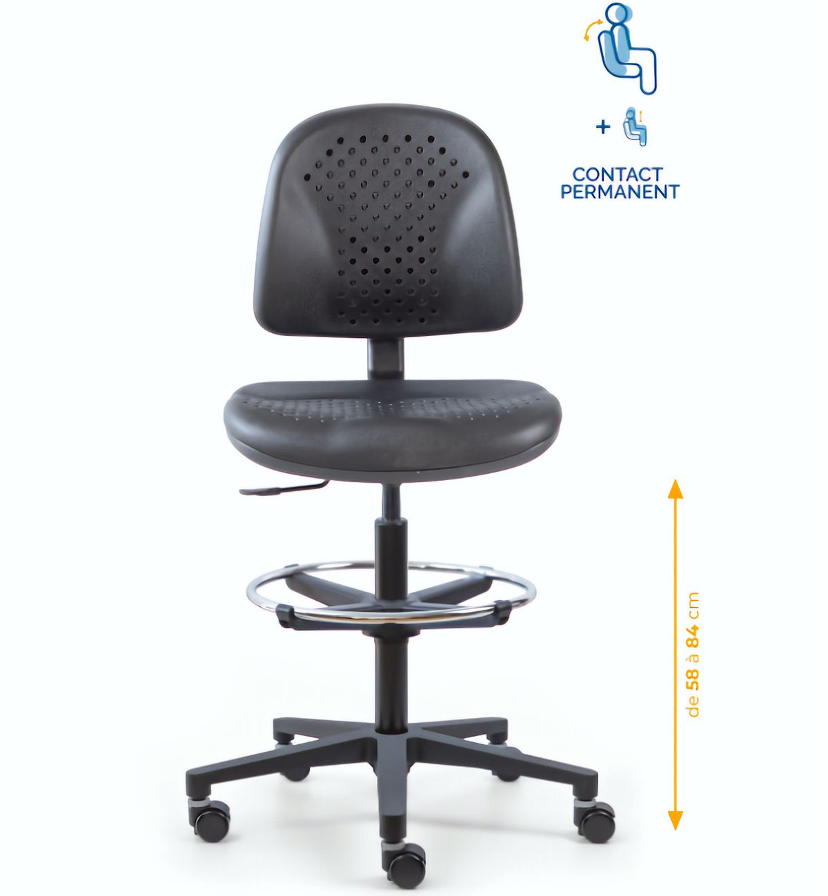Chaise polyuréthane, Chaise atelier polyuréthane, chaise pour atelier polyuréthane, siège pour atelier, siège atelier polyuréthane, chaise polyuréthane perforé, siège microtechnique, chaise d'atelier pour industrie, chaise d'atelier esat, mobilier de bure