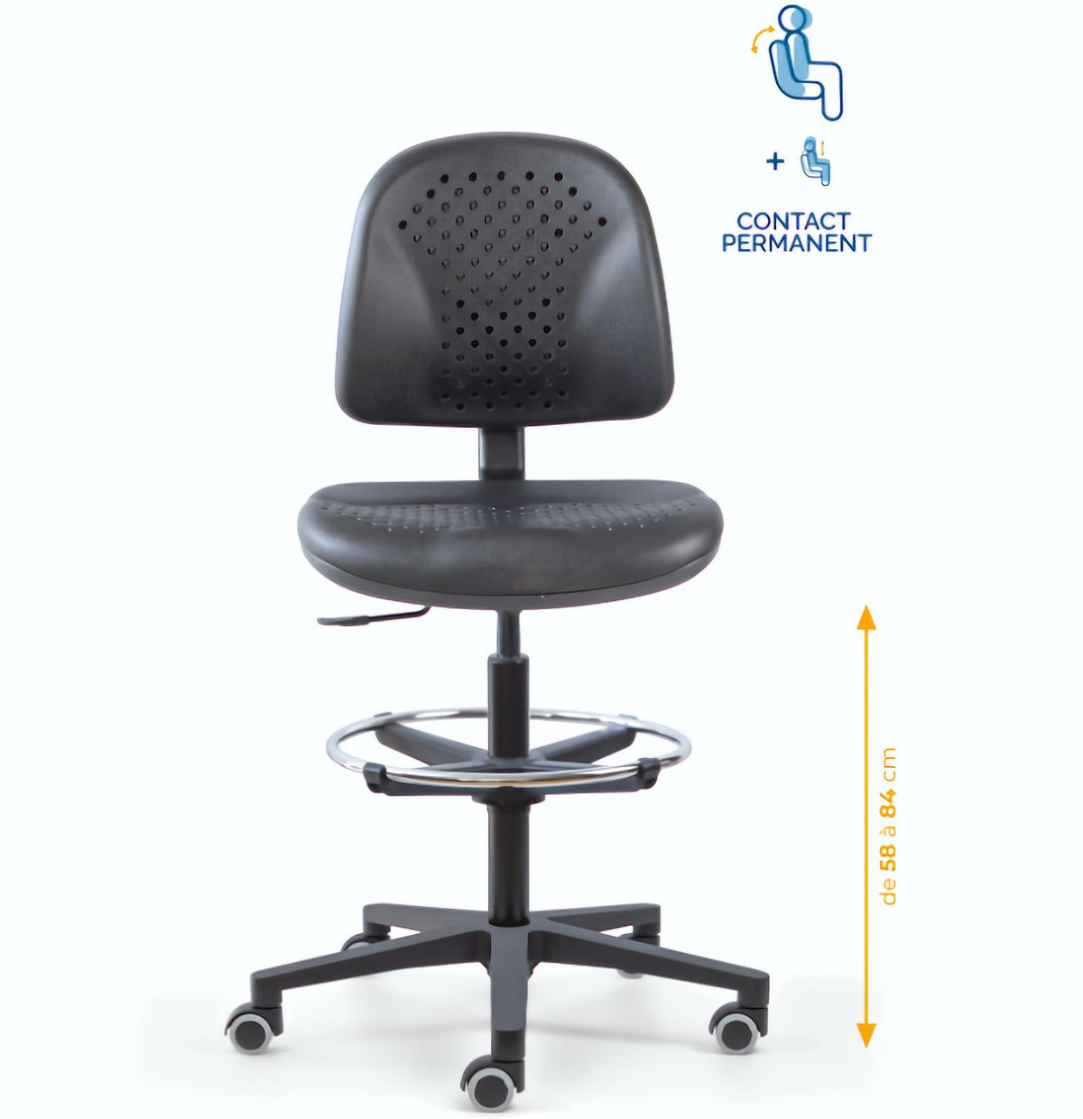 Chaise polyuréthane, Chaise atelier polyuréthane, chaise pour atelier polyuréthane, siège pour atelier, siège atelier polyuréthane, chaise polyuréthane perforé, siège microtechnique, chaise d'atelier pour industrie, chaise d'atelier esat, mobilier de bure
