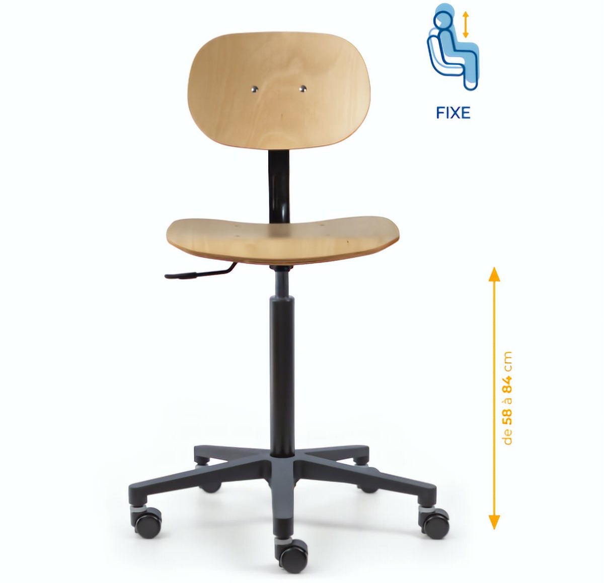 Chaise atelier bois, Chaise d'atelier en bois, chaise atelier en bois ergonomique, chaise atelier asynchrone en bois, chaise d'atelier professionnel, mobilier de bureau, Besançon