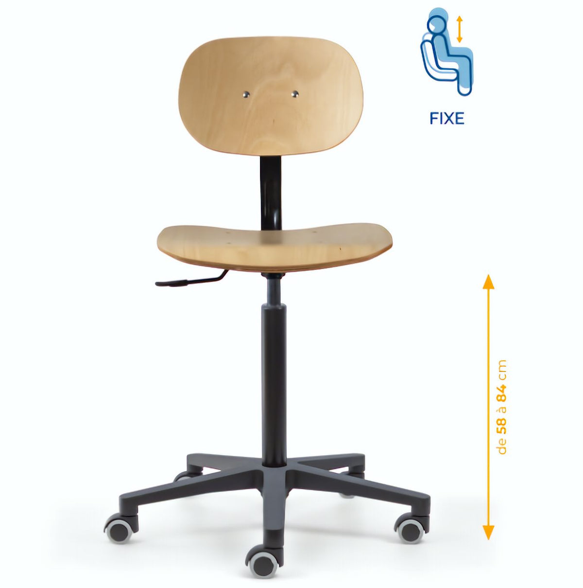 Chaise atelier bois, Chaise d'atelier en bois, chaise atelier en bois ergonomique, chaise atelier asynchrone en bois, chaise d'atelier professionnel, mobilier de bureau, Besançon