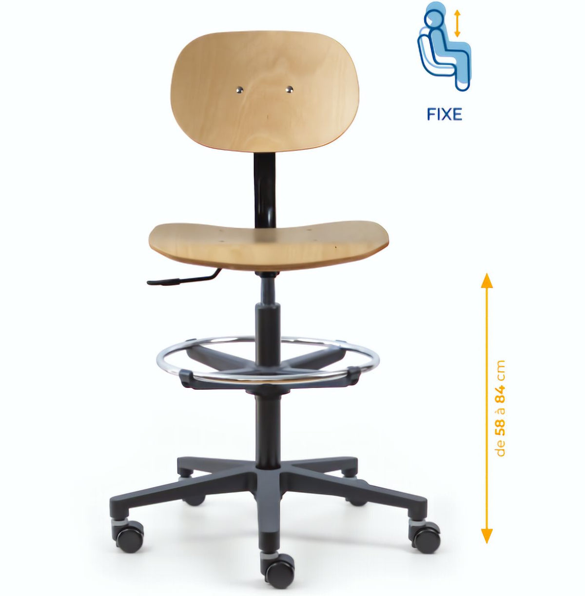 Chaise atelier bois, Chaise d'atelier en bois, chaise atelier en bois ergonomique, chaise atelier asynchrone en bois, chaise d'atelier professionnel, mobilier de bureau, Besançon