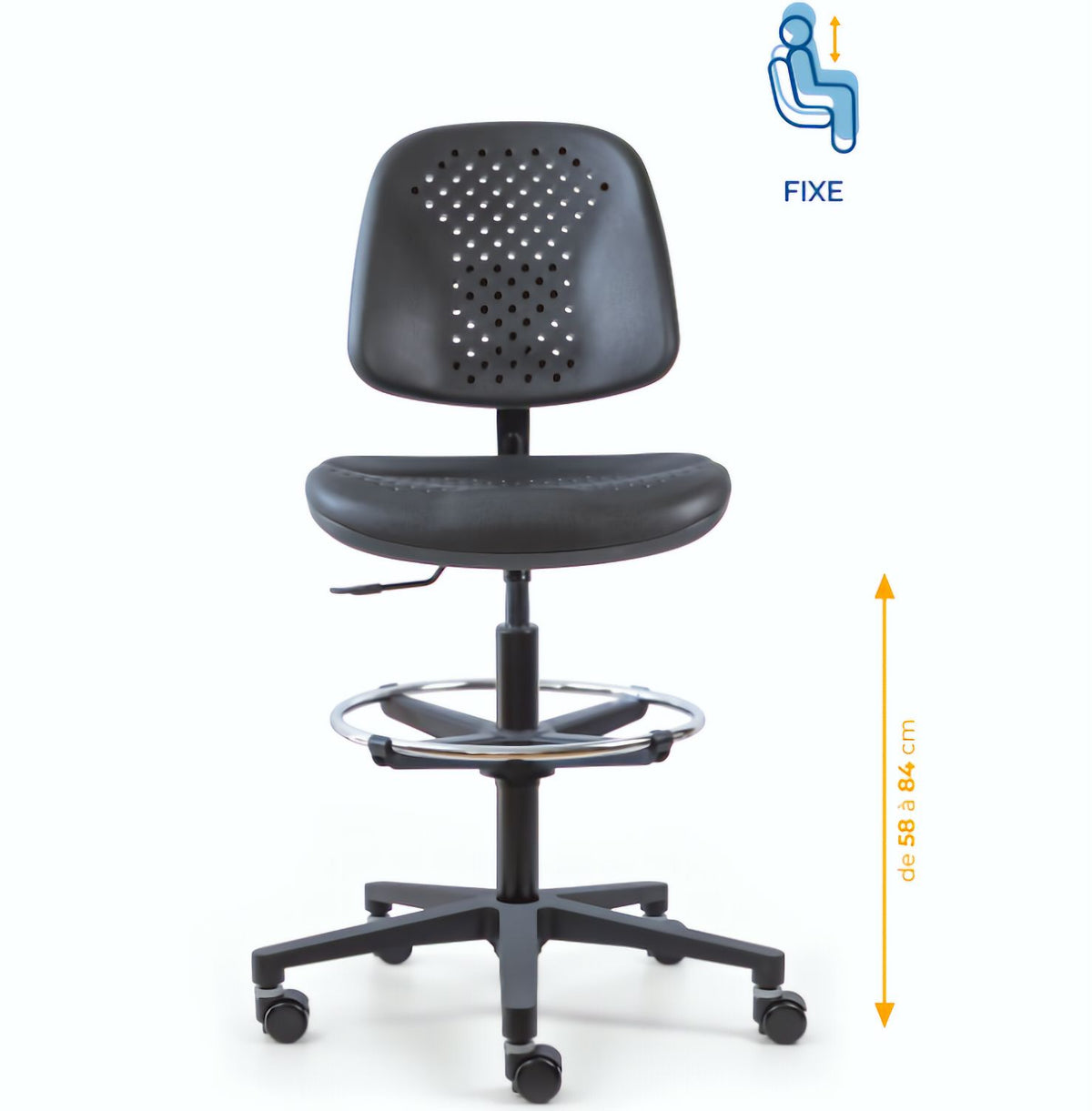 Chaise polyuréthane, Chaise atelier polyuréthane, chaise pour atelier polyuréthane, siège pour atelier, siège atelier polyuréthane, chaise polyuréthane perforé, siège microtechnique, chaise d'atelier pour industrie, chaise d'atelier esat, mobilier de bure